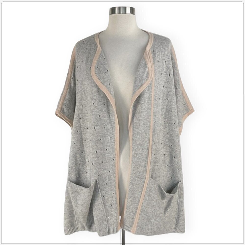 Allude Cashmere Gray Beige Trim Cardigan Ruanna Poncho Sweater Pointelle Knit S